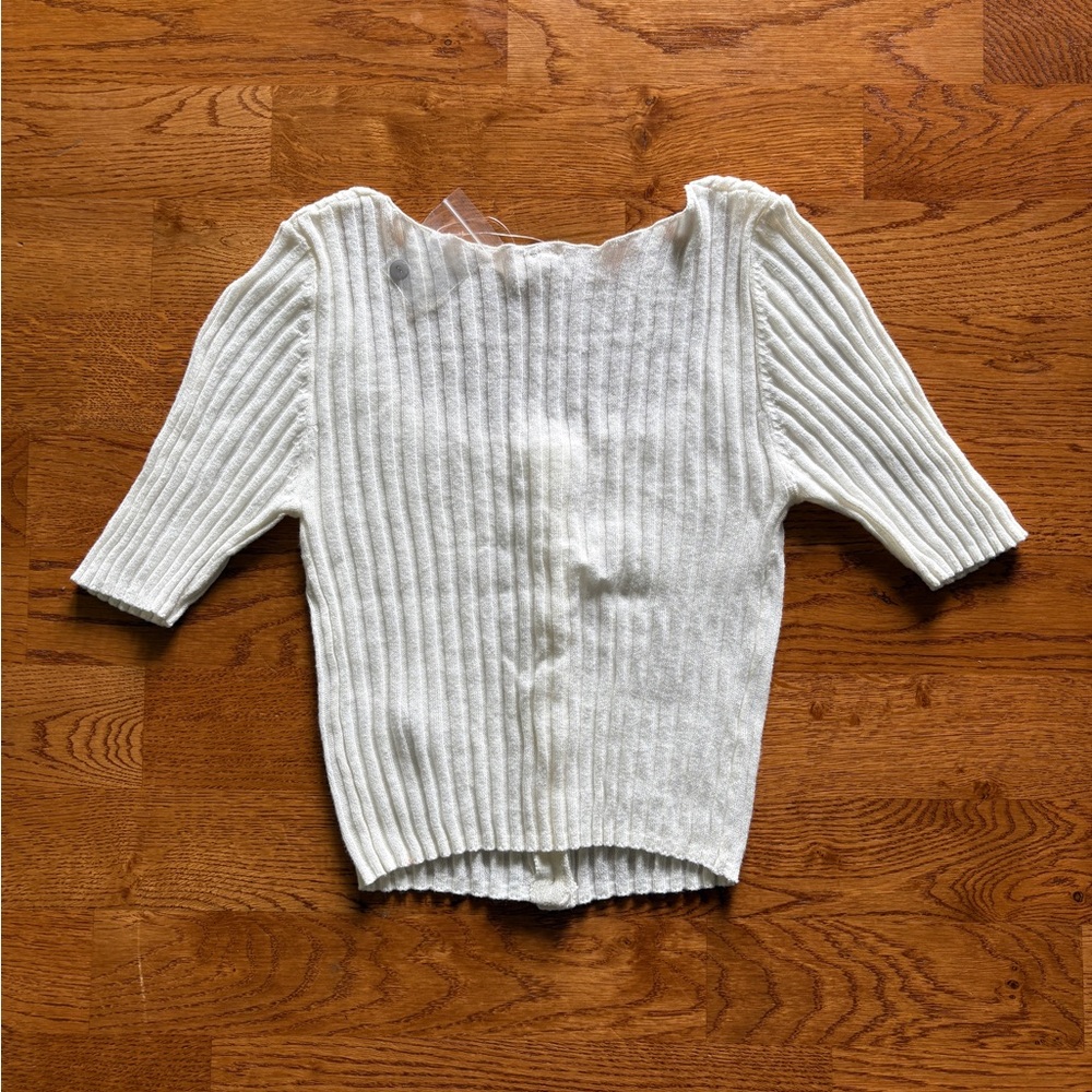 FREE PEOPLE Ivory Ribbed Button-Up Top Cardigan Short Sleeve Cream Crop Shirt - Picture 5 of 5